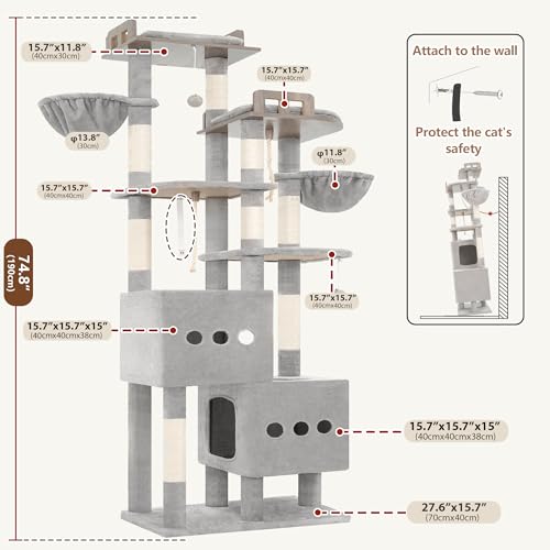 Árbol para gatos grande interior gris claro 74.8 in miniatura 7