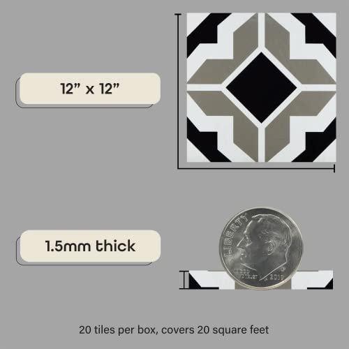 Retro Self Adhesive 12-Inch Vinyl Floor Tiles, 20 Tiles - 12" x 12", Onyx Star Pattern - Peel & Stick, DIY Flooring for Kitchen, Dining Room, Bedrooms & Bathrooms by Achim Home Decor, Black/Grey