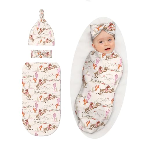 Western Baby Stuff Swaddle Blanket with Headband and Beanie Set Western Style Blanket Infant Shower Gift for Boys Girls