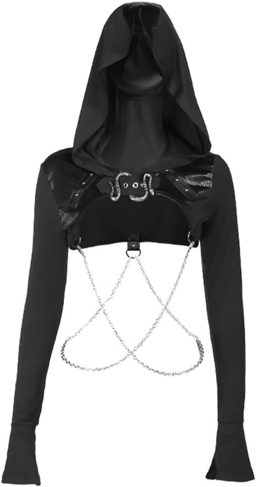 Women's Gothic Hoodie Crop Tops Long Sleeve Punk Black Rave Hood Outfit Festival Goth Aesthetic Emo Teens