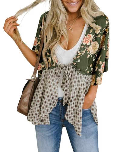 Women Floral Kimono Cardigans 3/4 Ruffle Sleeve Lightweight Patch...