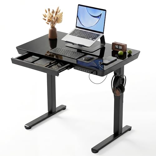 Image of Claiks Small Glass Standing Desk with Drawers & USB Ports 32x19 Black