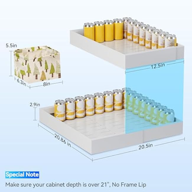 21 Inch Deep Pull Out Cabinet Organizer 2 Pack, Expandable Slide Out Drawers for Cabinet Shelves Heavy Duty with Adhesive Nano Film for or Kitchen, Bathroom, Pantry, Under Sink Storage (White)