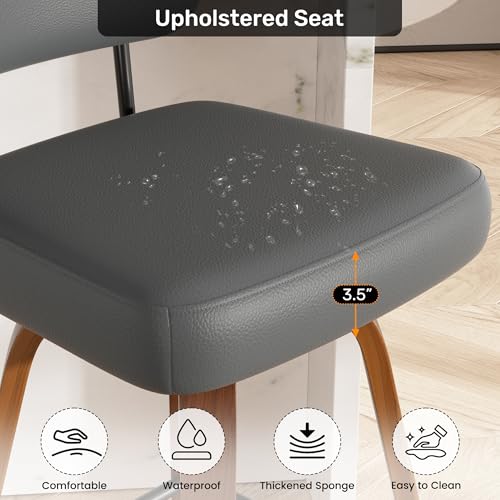 Image of Swivel Bar Stools Set of 4, 26 inch Upholstered Faux Leather Counter Height Barstools with Walnut Back & Bentwood Legs, Mid Century Modern Bar Chairs Island Stools for Kitchen Counter, Dark Grey