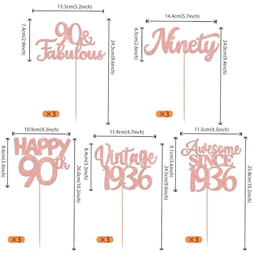 Image of 15 PCS 90th Birthday Centerpiece Sticks Double Sided Ninety Happy 90th Vintage 1936 Table Flower Centerpieces Sticks Cheers to 90 Fabulous Floral Decorations for 90th Birthday Party Supplies Rose Gold