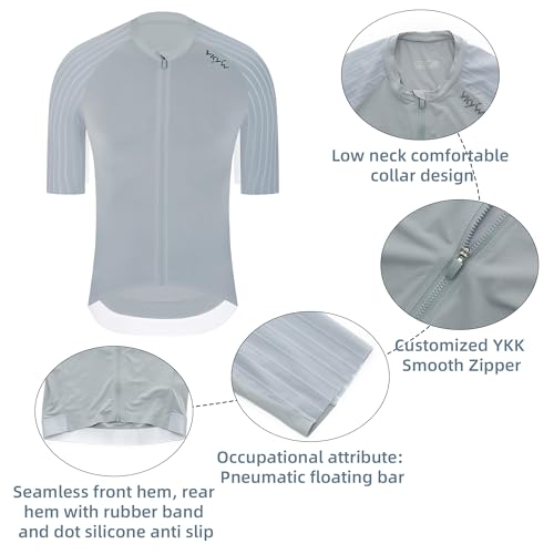 YKYWBIKE Cycling Jersey Men Aero Race Fit, Road Bike Jersey Short Sleeved Moisture Wicking, Breathable,Zip Pocket,UPF50＋Bicycle Biking Sun Protection Cement Grey - Thumbnail 5