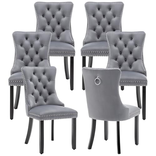 Eifizek Velvet Dining Chairs Set of 6, Tufted Dining Room Chairs with Nailhead Ring Pull Trim, Upholstered Dining Chairs with Solid Wood Legs for Kitchen Dining Room (Grey)