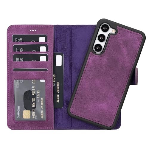 HARDISTON Wallet Case Compatible with Samsung Galaxy S25 Plus, Handmade Genuine Leather, Detachable Magnetic Flip Cover with Card Holders, Horizontal Kickstand (Purple)
