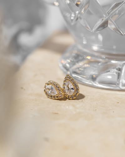 Image of PAVOI 14K Gold Plated 925 Sterling Silver Post Brilliant Round Faux Diamond Halo Earrings - Premium Cubic Zirconia