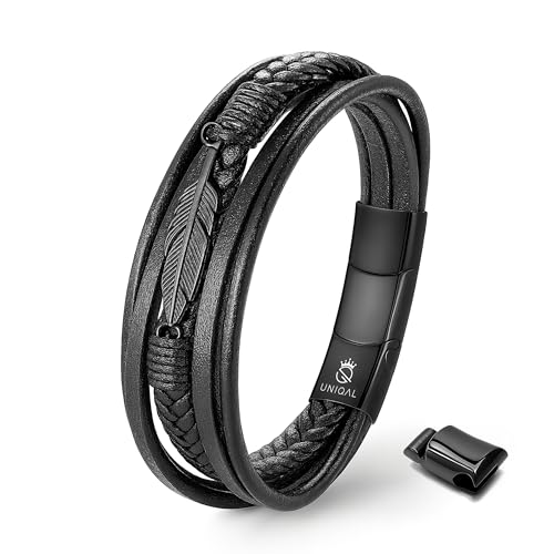 UNIQAL | Lederarmband Herren FEATHER Mens Bracelet | Edelstahl, Echtleder | Etui Box Gratis (Schwarz, 23)