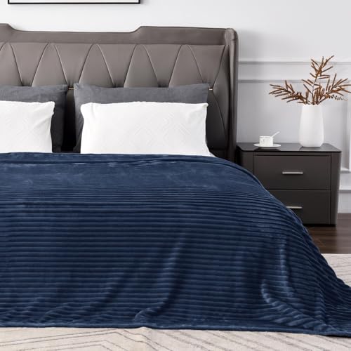 Image of BEDELITE Fleece Blanket Full Size for Couch - 3D Ribbed Jacquard Soft and Warm Decorative Fuzzy Blanket - Cozy, Fluffy, Plush Lightweight Navy Throw Blankets for Bed, Sofa, 84x90 inches