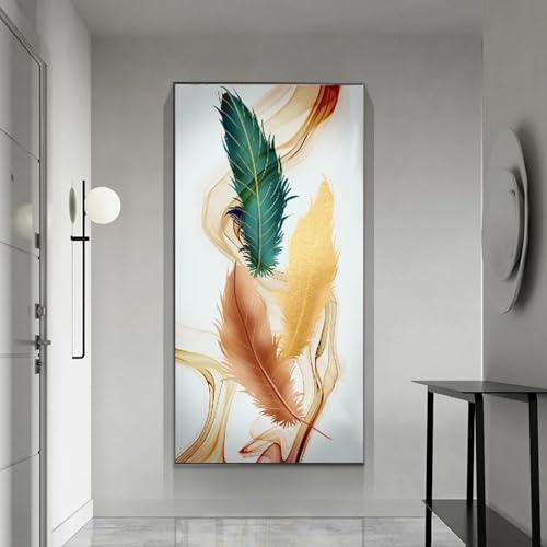 Art mural toile plume bleue grand format pour créer un salon zen et cosy