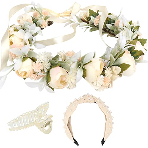 HuaLiSiJi Corona de Flores, Diadema Flores Coronas de Flores Para EL Pelo Flores Para Tocados, Boda Novia Floral Guirnalda (Blanco)