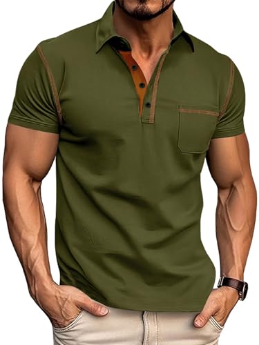 QOSOQ Men's Polo Shirts Short Sleeve Golf Polo T Shirt Lightweight Casual Button Down Shirts Summer Collared with Pocket Green