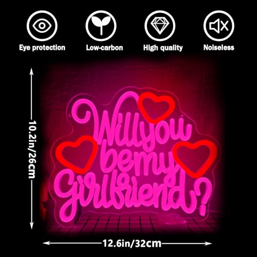 Image of Will You Be My Girlfriend Neon Sign for Wall Decor Pink LED Light Sign for Room Decor Dimmable Light Up Sign for Birthday Party Decoration USB Powered