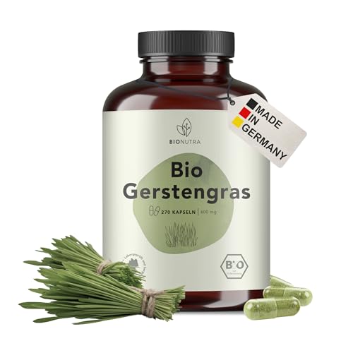 BIONUTRA® Bio Gerstengras Kapseln hochdosiert, 4800 mg Tagesdosis, rückstandskontrolliert, deutsche Herstellung, vegan, ohne Zusätze, Gerstengras Pulver Bio, 270 Stuck x 600 mg BIONUTRA® Bio Gerstengras Kapseln hochdosiert, 4800 mg Tagesdosis, rückstandskontrolliert, deutsche Herstellung, vegan, ohne Zusätze, Gerstengras Pulver Bio, 270 Stuck x 600 mg