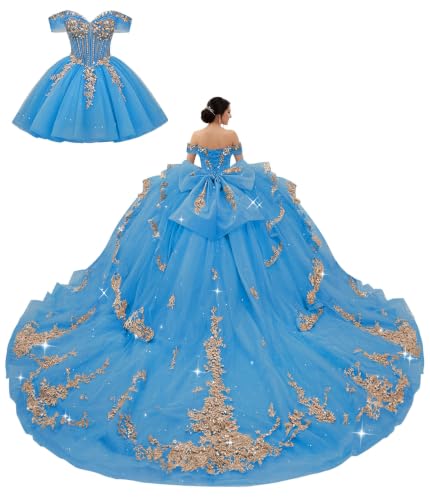 XYAYE Blue Sweet 16 Dress Quinceanera Dress with Bow Size 8