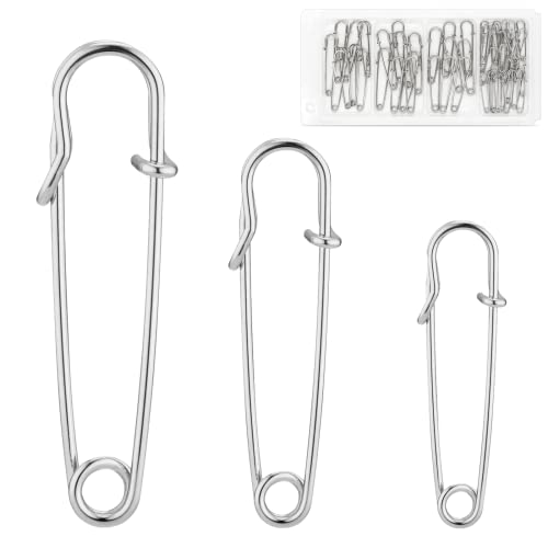 WISYOK 48 Pcs Heavy Duty Safety Pins Assorted Sizes 2'', 2.8'', 3'', Large Safety Pins, Pack of 48 Strong, Sturdy Bulk Pins, for Clothes, Blankets, Crafts, Kilts, Stainless Steel Wire Extra Sturdy