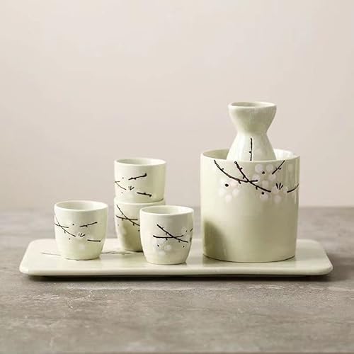 YIRENZUI Japanese Sake Pot Ceramic Wine Glass Flagon Pot Tray Flat Plate Handpainted Sake Wine-Warmer Plum Pattern Drinking Vessels,Most Ideal Choice