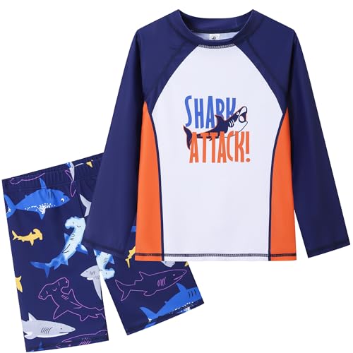 Ewbob Boys 2 Pieces Rash Guard Sun Protection Long Sleeve Kid Swimsuits Sets Quick Dry Bathing Suit with Swim Shirt and Swim Trunks for Boys 3-12 Years,C10-005,9-10Y