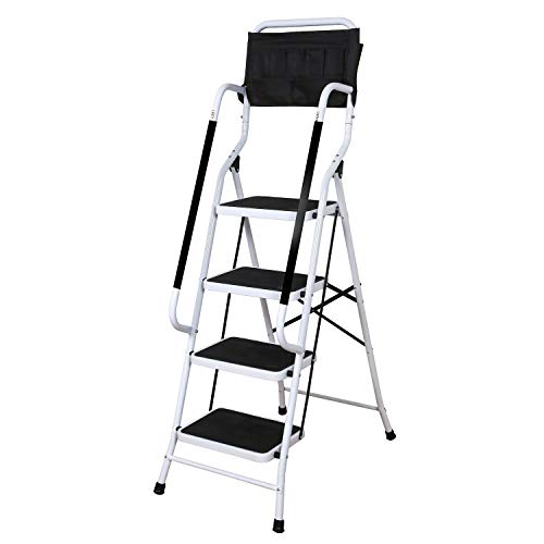 SUPPORT PLUS Folding 4-Step Safety Step Ladder - Step Stool with Padded Side Handrails, Tool Pouch Caddy, Wide Steps