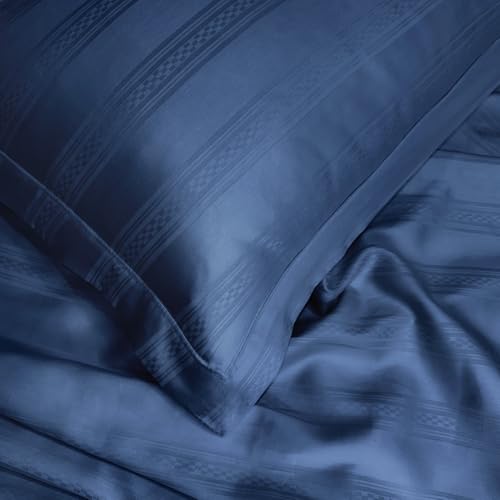Image of Sassoon Artemis Italian Jacquard Weave Sateen Cotton Bedsheet - 400 TC, Cotton, Stripe Design, King Size (108 x 108 inches), Color: Denim, Soft, Breathable, - 1 Bedsheet + 2 Pillow Covers