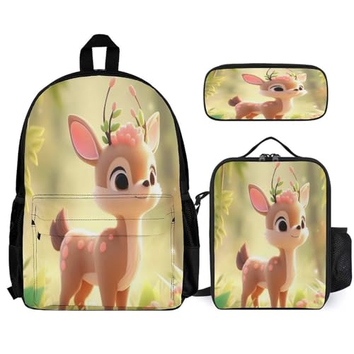 3-in-1 Backpack Combination Set Cute Deer Print 3Pcs Backpack Sets Travel Daypack with Lunch Bag And Cosmetic Bag