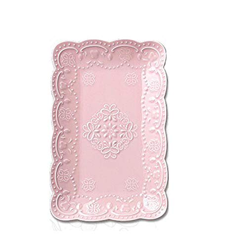 YBK Tech - Assiette rectangulaire en forme de dentelle en porcelaine pour le petit déjeuner et le thé de l'après-midi, Porcelaine, rose, 12-inch