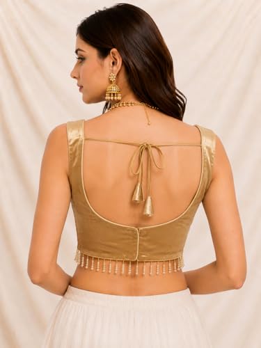 Image of TRENDMALLS Women's Gaji Silk Plain Sweet Heart Neck Sleeveless Beads Lace Work Blouse Choli Stylish Saree Blouse Ready to Wear