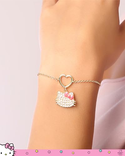 SALLY ROSE Hello Kitty Pave Crystal Charm Bracelet for Women, 6.75"+1" 18k Gold Flash-Plated Official License Hello Kitty Bracelet3