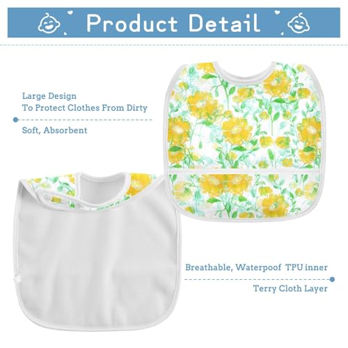 MCHIVER Yellow Flower Leaves Baby Bibs for Boy Girl Toddler Waterproof Feeding Bib Apron with Food Cather Adjustable Cotton Food Eating Bib 2 Pack3