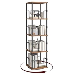 4-Tier Rotating Bookshelf, Freestanding Corner Bookshelf, 360° Spinning Bookcase, Industrial Style Storage Rack with Rails, for Living Room, Bedroom, Study, Rustic Brown and Black BKHR1501