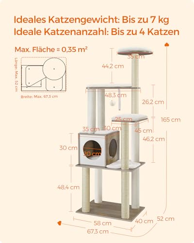 Feandrea Kratzbaum, 165 cm hoher moderner Katzenbaum, Katzenhaus mit 5 Kratzsäulen, waschbare abnehmbare Kissen, Plattform, Katzenhöhle, Katzenmöbel für Wohnungskatzen, Greige PCT166G01 – Bild 7
