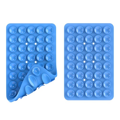 Image of Double Sided Silicone Suction Phone Holder Mount, Silicon Accessory for iPhone and Android, Hands-Free Mirror Shower Phone Holder, TikTok Videos and Selfies (Blue+Rose Red)