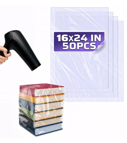 16x24 Heat Shrink Wrap Bags for Gifts 50 Pcs Clear Heat Shrink Wrap for Gift Baskets & Displays Works with Hair Dryer at Medium Temperature Storage for Clothing Cosmetics Boxes & Bulky Items