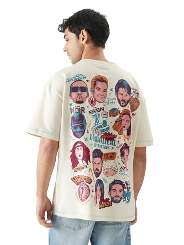 Image of The Souled Store Official The Boys: Doodle Men and Boys Round Neck Short Sleeve White Graphic Print Cotton Oversized Fit T-Shirts The Boys Meme Comic Character TV Show