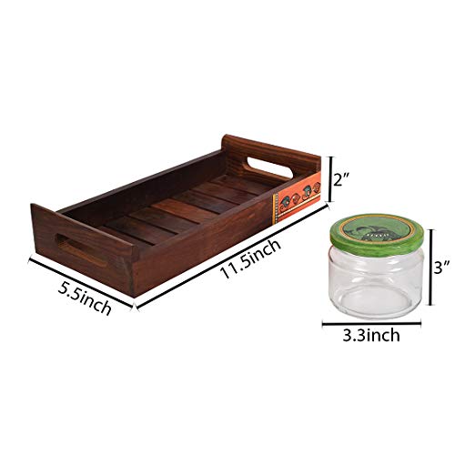 Image of AAKRITI ART CREATIONS Tray in Wood with 3 Glass Jars | Madhubani Art Lids | Set of 4 | Natural Brown, Matte Finish | Kitchen & Dining Table Decorative Storage | Glass Container for snacks