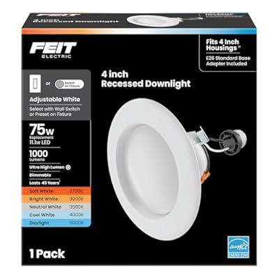Feit Electric Enhance 4in LED Recessed Downlight, 75W Equivalent, 1000 Lumens, Dimmable, Adjustable White Color Temperature, Fits Most 4-Inch Housings, 90+ CRI, 50,000-Hour Lifetime, LEDR4XHO/6WYCA