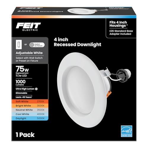 Feit Electric Enhance 4in LED Recessed Downlight 75W Equivalent 1000 Lumens Dimmable Adjustable White Color Temperature Fits Most 4-Inch Housings 90+ CRI 50 000-Hour Lifetime LEDR4XHO/6WYCA