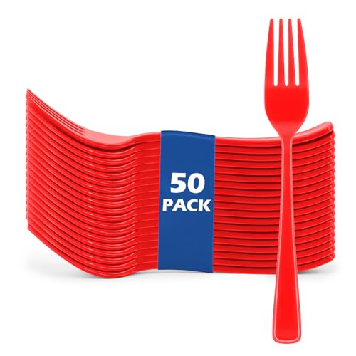 ZLMTZDJD 50 PCS Plastic Forks Set - Premium Heavy Duty Forks - Forks Disposable for Parties Picnics Weddings Engagements and Special Events (red)