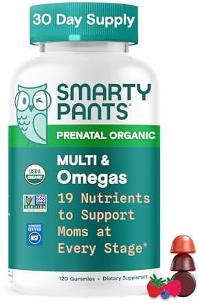 SmartyPants Organic Prenatal Vitamins for Women, Multivitamin Gummies: Biotin, Methylfolate, Omega 3 (ALA), Vitamin D3, C, Vitamin B12, B6, A, K2 & Zinc, Choline, Vegetarian, 120 Count (30 Day Supply)