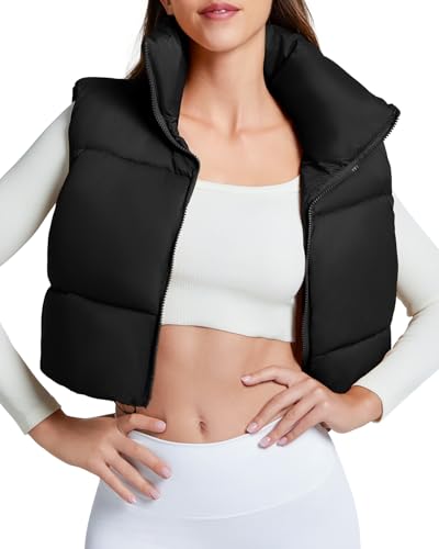 Century Star Black Puffer Vest Women Girls - Cropped Fall Winter Outerwear Puffy 2025 Quilted Top Jacket Coat Gilet Sleeveless Zip Small
