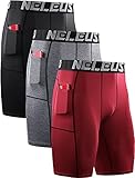 NELEUS Men's 3 Pack Compression Shorts with Pockets Quick Dry Athletic Running Shorts,6087,Black/Grey/Red,3XL