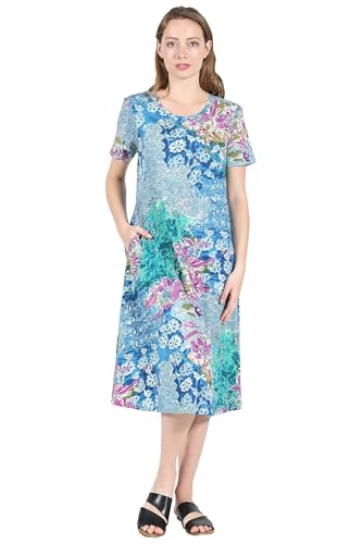 Image of LA CERA Women's 100% Cotton Floral A-Line Sun Dress with Side Pockets Midi | Scoop Neck | Short Sleeves | Side Pockets | Floral Print