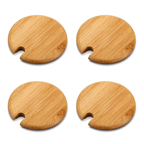 QSDGFH Lot de 4 couvercles de tasse en bois de bambou avec trou pour cuillère, couvercles durables pour café, thé, boisson, 3 tailles Cover