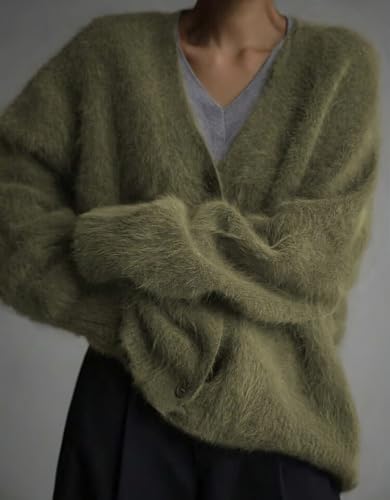 Image of chouyatou Women Furry Open Front Cardigan V-Neck Loose Casual Fluffy Knit Button Down Sweater Coat