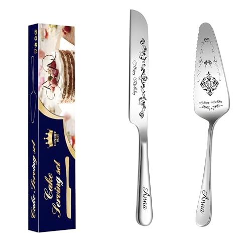 Malihome Juego de cortadores de tartas de boda personalizados, juego de cuchillos y espátulas para tartas de cumpleaños personalizables, de cumpleaños (cumpleaños de plata)