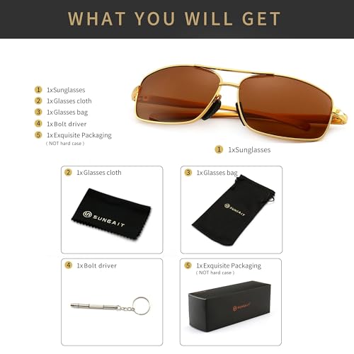 Image of SUNGAIT Ultra Lightweight Rectangular Polarized Sunglasses UV400 Protection (Gold Frame Brown Lens, 62) Metal Frame SGT458 JKC-CA