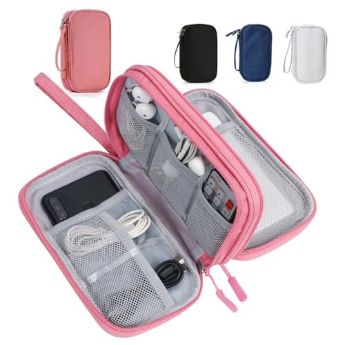 Organizador de eletrônicos de viagem – Estojo de armazenamento de cabo compacto de camada dupla com alça de mão para carregadores, telefones e acessórios (rosa claro)