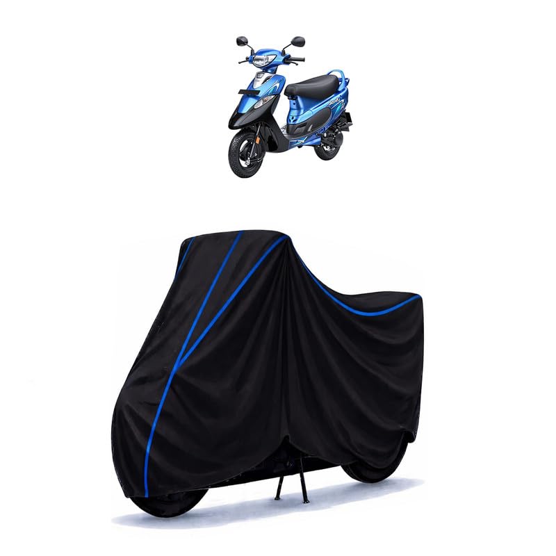 Image of Scooty Cover Water Resistant for Pep Plus SBT 90 cc | Universal Scooter & Bike Cover | Heavy Duty UV Dust, Rain & Scratch Protection | Elastic Fit All Weather Indoor Outdoor | Black with Blue Piping